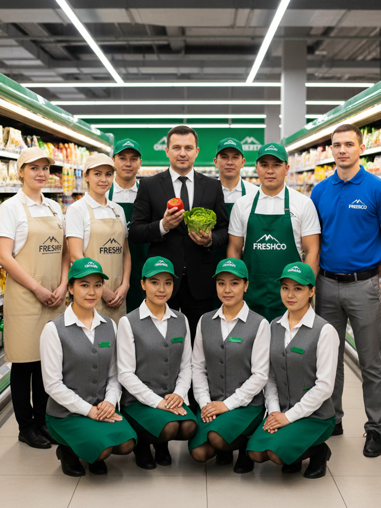 a grocery store team of staff posing in their okkarr made uniforms